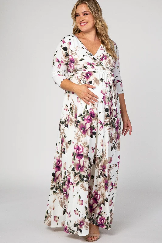 PinkBlush White Floral Plus Maternity/Nursing Wrap Maxi Dress Cozy Maxi Dress with Slit