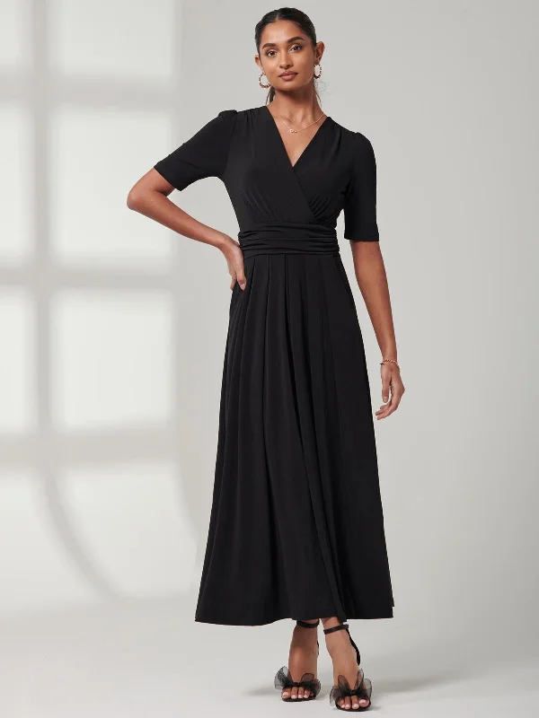 Plain Jersey Wrap Front Maxi Dress, Black Comfortable Plunging Neckline Maxi Dress