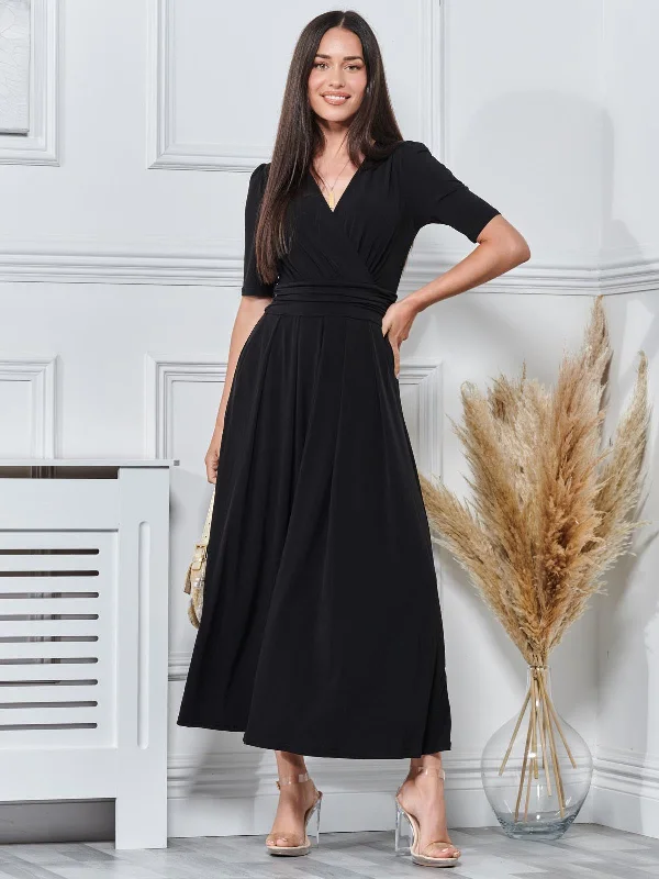 Plain Wrap Front Jersey Maxi Dress, Black Comfortable Maxi Dress with Slits