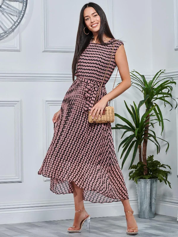 Pleated Chiffon High-Low Maxi Dress, Pink Geo Comfortable Ruffle Hem Maxi Dress