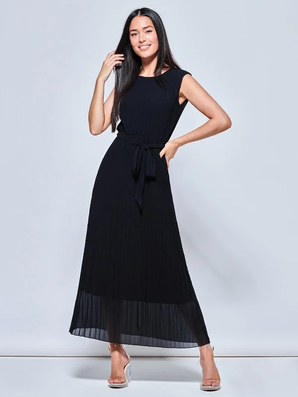 Pleated Chiffon Sleeveless Maxi Dress, Black Comfortable Bohemian Maxi Dress