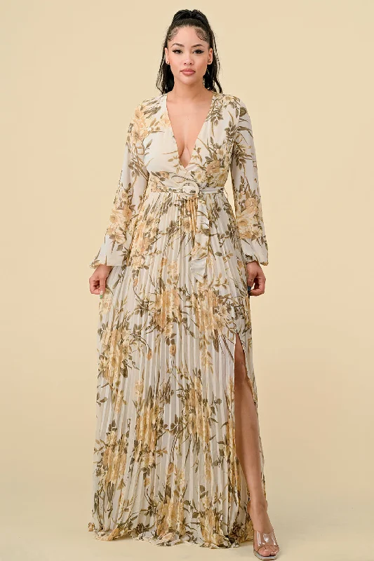 Printed Long Sleeve Pleated Maxi Dress Fashionable Open-Back Maxi Dress