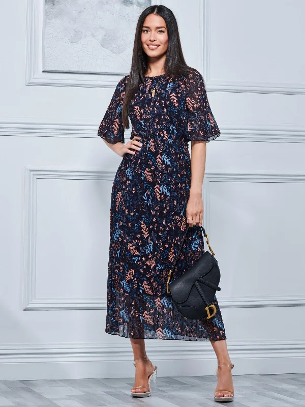 Quida Chiffon Pleated Maxi Dress, Navy Floral Cozy Cold-Shoulder Maxi Dress