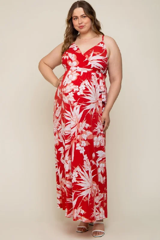 Red Floral Palm Print Wrap Maternity Plus Maxi Dress Stylish Boho Maxi Dress