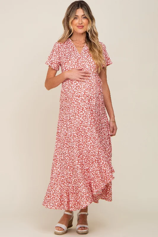 Red Floral Short Sleeve Maternity Wrap Maxi Dress Fashionable High-Waist Maxi Dress