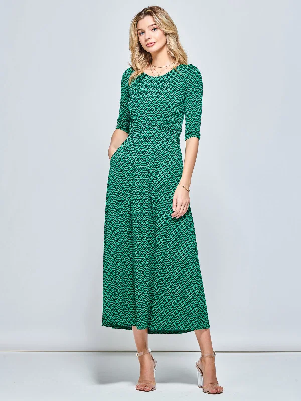 Round Neck Sleeved Jersey Maxi Dress, Green Geometric Trendy Floral Print Maxi Dress