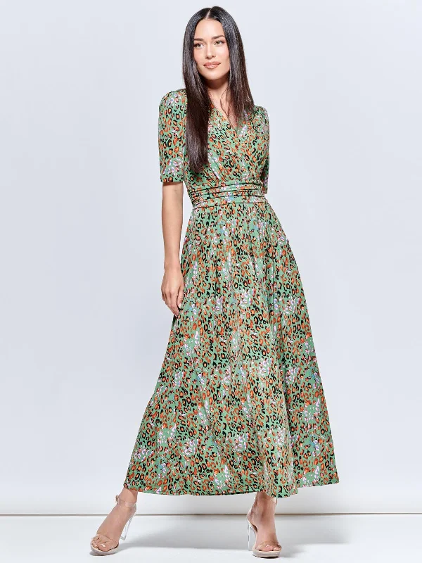 Saniya Print Jersey Maxi Dress, Green Animal Trendy Floral Print Maxi Dress