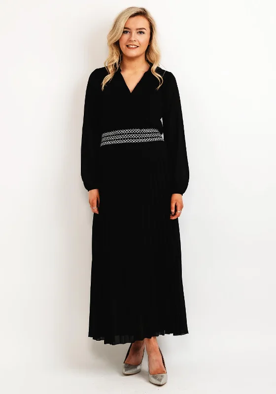 Seventy1 One Size Pleated Embroidered Waist Maxi Dress, Black Trendy Satin Maxi Dress