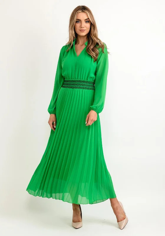 Seventy1 One Size Pleated Embroidered Waist Maxi Dress, Emerald Green Chic Boho Print Maxi Dress