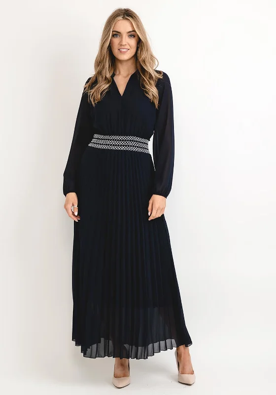 Seventy1 One Size Pleated Embroidered Waist Maxi Dress, Navy Elegant Floral Maxi Dress