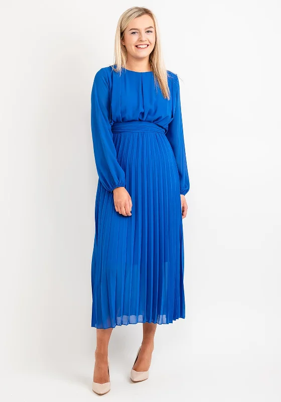 Seventy1 One Size Pleated Round Neck Maxi Dress, Royal Blue Fashionable Maxi Dress with Fringe