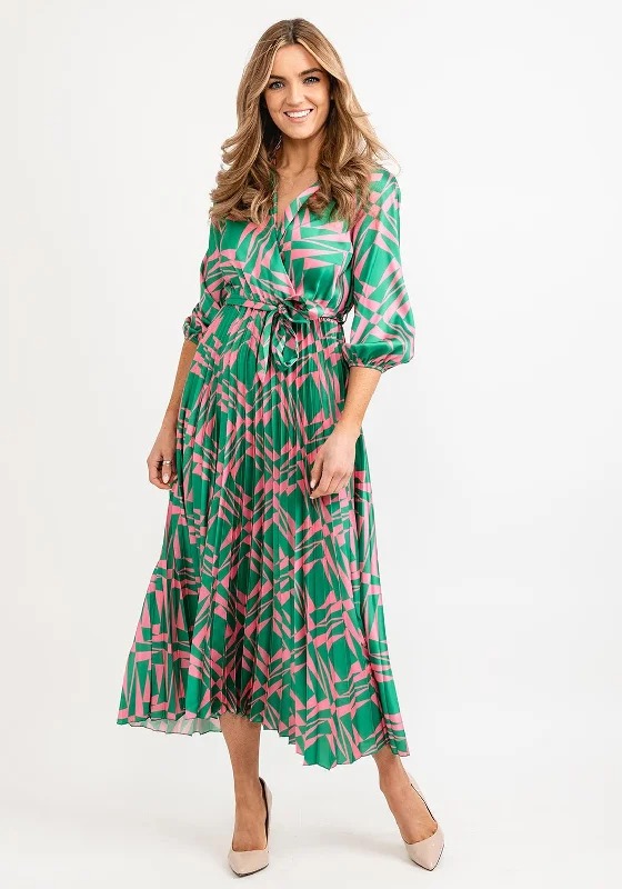 Seventy1 One Size Printed Design Pleated Maxi Dress, Green & Pink Stylish A-Line Maxi Dress