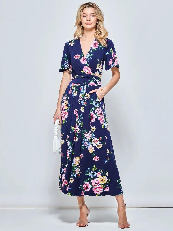 Sherya Jersey Angel Sleeve Maxi Dress, Floral Multi Cozy Open-Back Maxi Dress