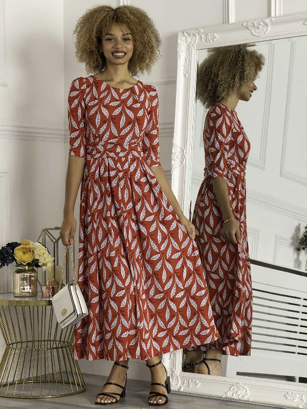 Sienna 3/4 Sleeve Maxi Dress, Red Leafy Stylish Maxi Dress with Frills