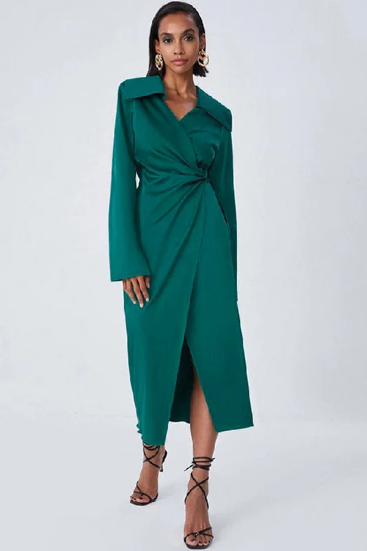 Silky Satin Long Sleeve Cocktail Party Wrap Maxi Dress - Emerald Green Elegant Velvet Maxi Dress