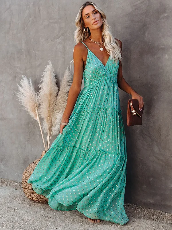 BerriesJam - 2024 Sleeveless V Neck Spaghetti Strap Summer Maxi Dress Stylish One-Shoulder Maxi Dress