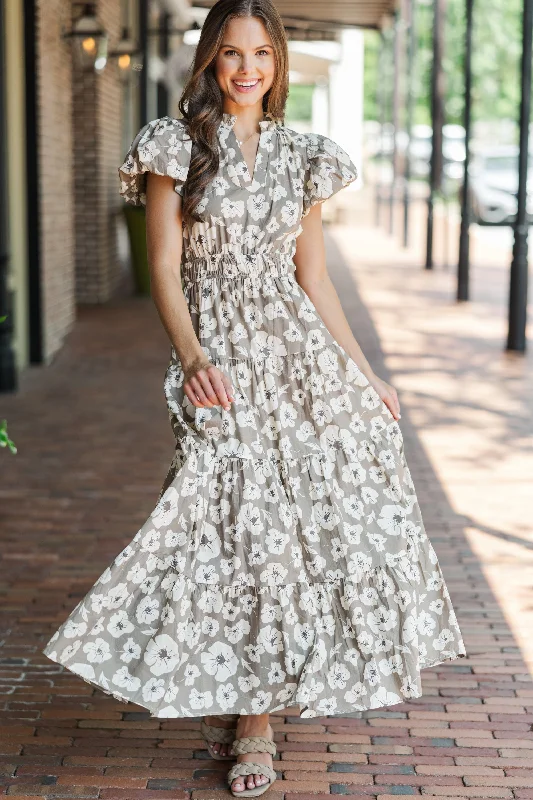 Take Note Taupe Floral Maxi Dress Cozy Maxi Dress with Slit