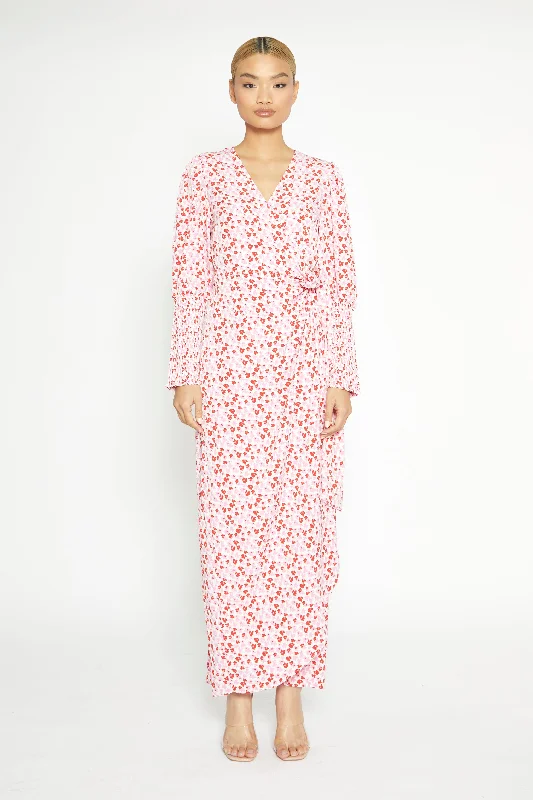 White-Red-Pink-Floral Wrap Maxi Dress Trendy Short Sleeve Maxi Dress