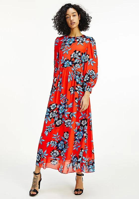 Tommy Hilfiger Chiffon Floral Maxi Dress, Red Trendy Fit-and-Flare Maxi Dress