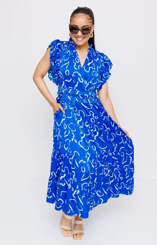 THML: Serpentine Sway Maxi Dress, BLUE Trendy V-Neck Maxi Dress