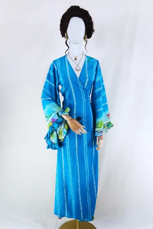 Venus Maxi Dress - Vintage Sari - Embroidered Sky Blue Stripe - Size S/M Elegant Silk Maxi Dress