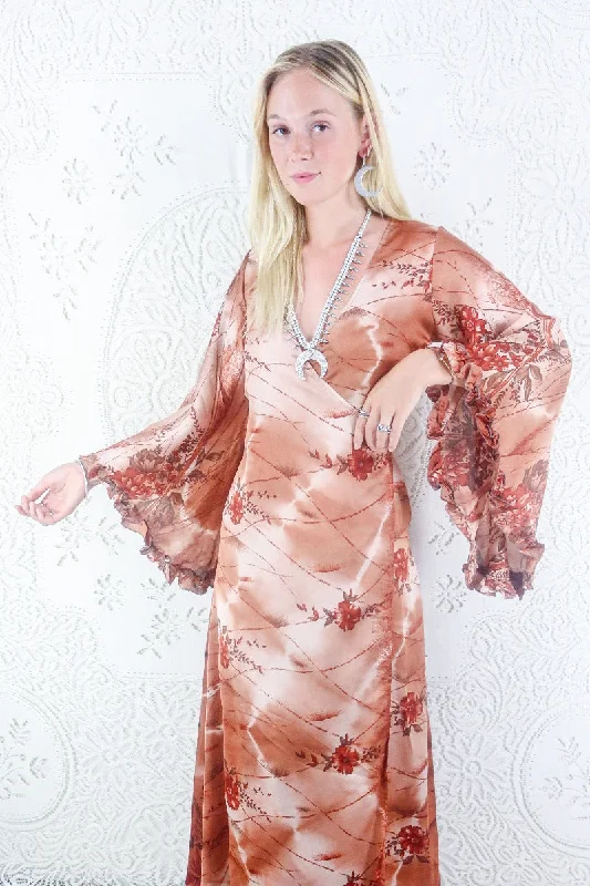 Venus Maxi Dress - Vintage Sari - Rose Gold & Russet Wildflower - Size XS Fashionable Open-Back Maxi Dress