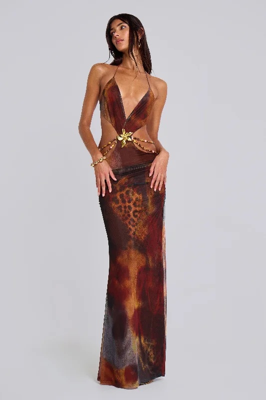 Vida Backless Maxi Dress in Whiskey Comfortable Maxi Dress with Belt