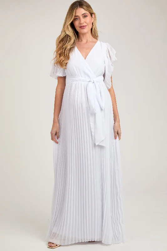 White Chiffon Wrap Front V-Neck Short Sleeve Pleated Maternity Maxi Dress Comfortable Long-Sleeve Maxi Dress