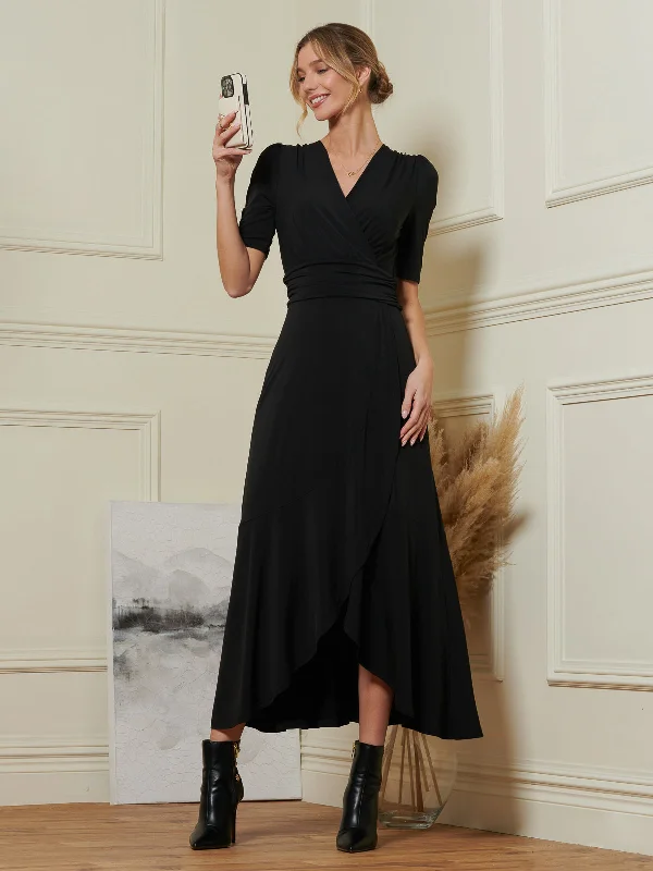 Wrap Front Frill Hem Maxi Dress, Black Stylish Button-Up Maxi Dress