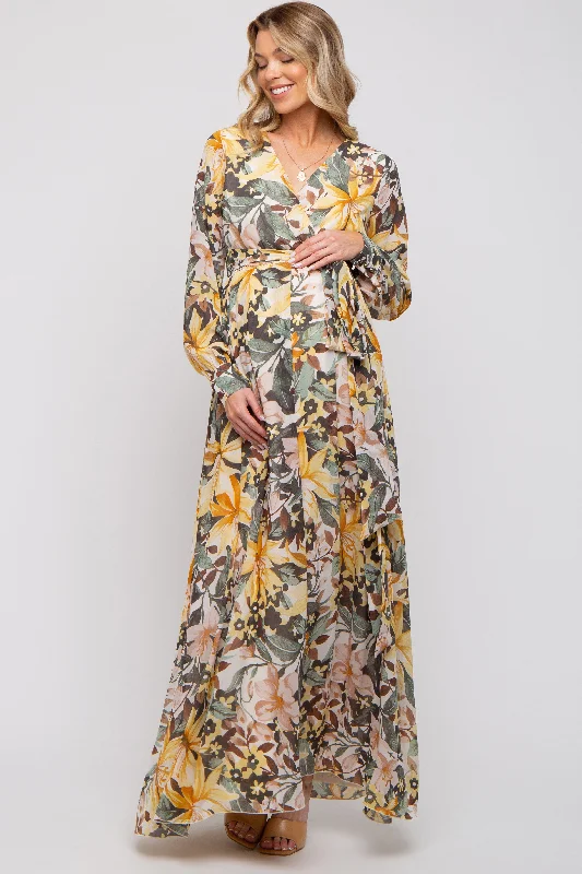 Yellow Floral Chiffon Wrap Front V-Neck Long Sleeve Maternity Maxi Dress Trendy Printed Maxi Dress