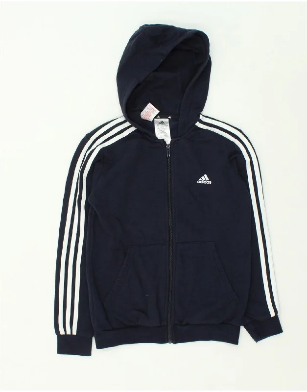 ADIDAS Boys Graphic Zip Hoodie Sweater 11-12 Years Navy Blue Cotton Hoodie with Drawstring Waist Adjustable Fitted