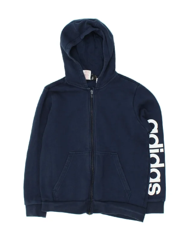 ADIDAS Boys Graphic Zip Hoodie Sweater 13-14 Years Navy Blue Cotton Hoodie with Hem Detail Decorative Unique