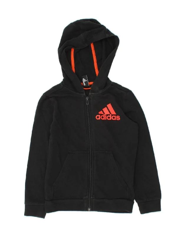 ADIDAS Boys Graphic Zip Hoodie Sweater 7-8 Years Black Cotton Hoodie with Half-Zip Sporty Casual