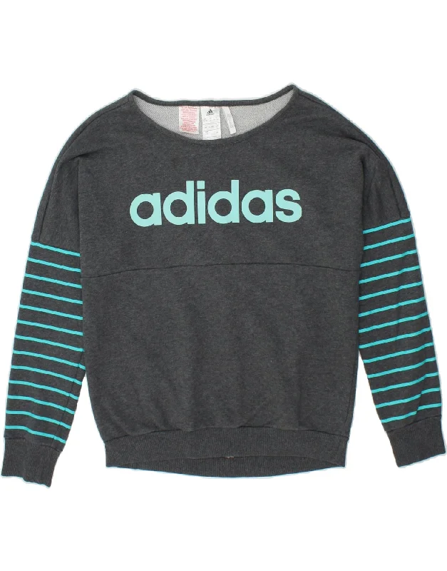 ADIDAS Girls Climalite Graphic Sweatshirt Jumper 14-15 Years Grey Cotton Hoodie with Button Placket Classic Preppy