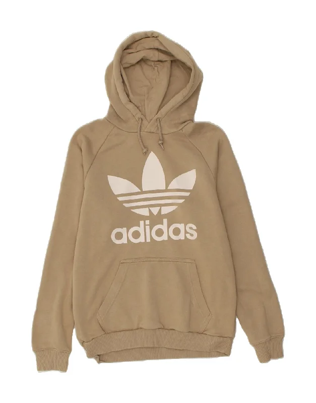 ADIDAS Mens Graphic Hoodie Jumper Small Beige Cotton Hoodie with Applique Textured Unique