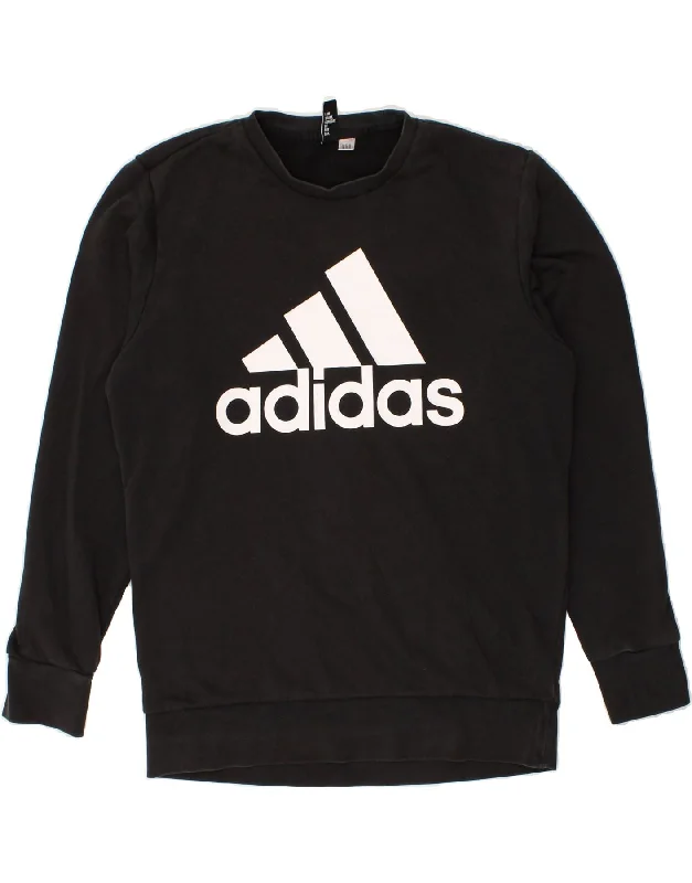 ADIDAS Mens Graphic Sweatshirt Jumper Medium Black Hoodie with Hem Patch Decorative Personalized