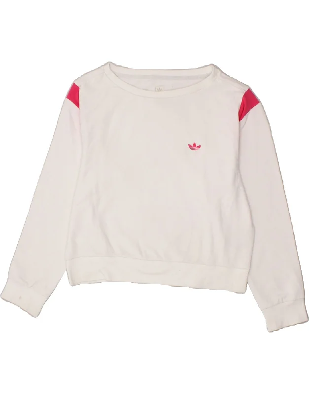 ADIDAS Womens Crop Graphic Sweatshirt Jumper UK 14 Large White Cotton Hoodie with Distressed Vintage Worn