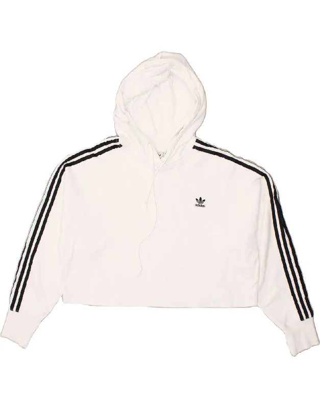 ADIDAS Womens Oversized Crop Hoodie Jumper UK 10 Small White Cotton Hoodie with Hem Raw Edge Edgy Unfinished