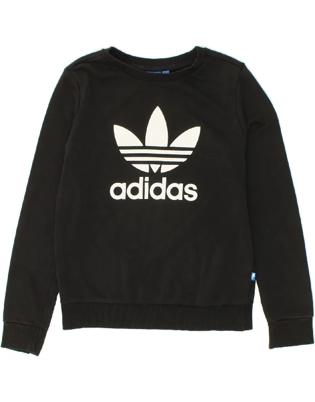 ADIDAS Womens Oversized Graphic Sweatshirt Jumper UK 6 XS  Black Cotton Hoodie with Fur Luxurious Winter