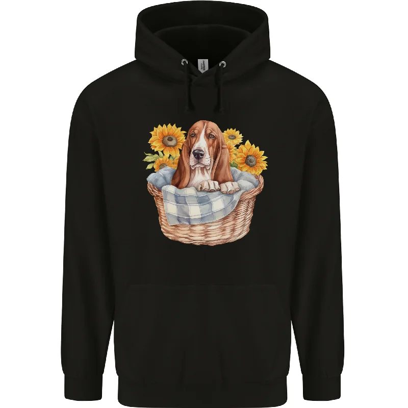 Basset Hound Dog in His Basket Mens 80% Cotton Hoodie Hoodie with Raw Hem Edgy Unfinished