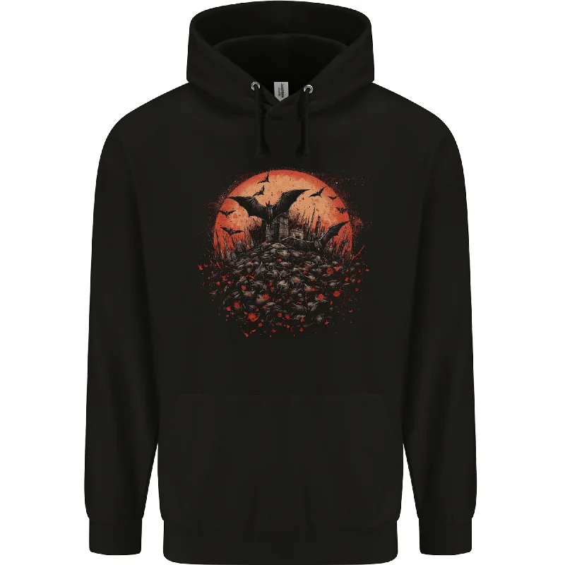 Bat Apocalypse Red Moon Halloween Mens 80% Cotton Hoodie Hoodie with Mock Neck Collared Structured