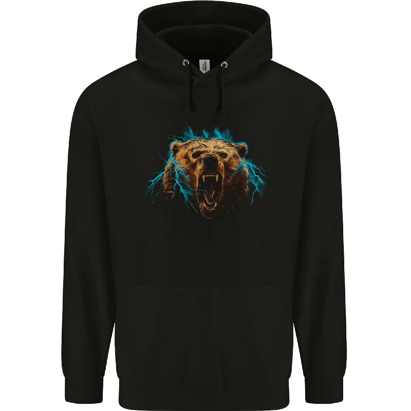 Bear Lightening Bolt Mens 80% Cotton Hoodie Hoodie with Exposed Zipper Edgy Industrial