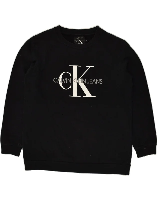 CALVIN KLEIN Mens Graphic Sweatshirt Jumper Medium Black Cotton Hoodie with Hem Lace Feminine Delicate