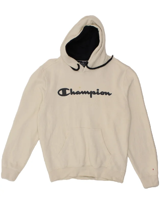 CHAMPION Mens Graphic Hoodie Jumper Medium Off White Cotton Hoodie with Metallic Shiny Futuristic