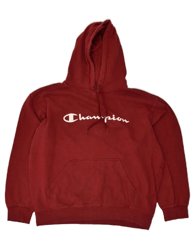 CHAMPION Mens Graphic Hoodie Jumper XL Burgundy Cotton Hoodie with Side Slits Relaxed Casual