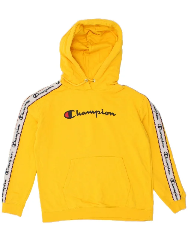 CHAMPION Mens Graphic Hoodie Jumper XL Yellow Cotton Hoodie with Exposed Zipper Edgy Industrial