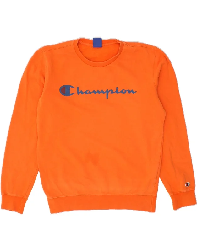 CHAMPION Mens Graphic Sweatshirt Jumper Small Orange Cotton Hoodie with Hem Elastic Stretchable Comfortable