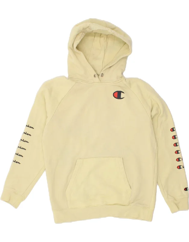 CHAMPION Womens Graphic Hoodie Jumper UK 14 Medium Yellow Cotton Hoodie with Elastic Waist Stretchable Comfortable