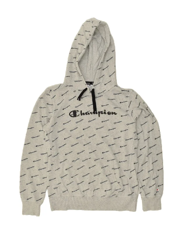CHAMPION Womens Graphic Hoodie Jumper UK 18 XL Grey Flecked Cotton Hooded Sweatshirt Casual Wear Street Style