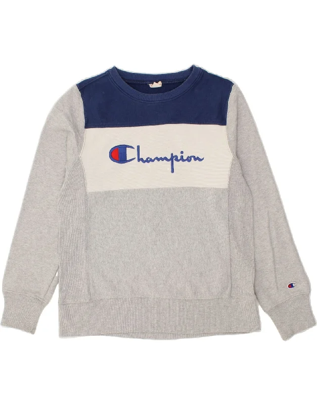 CHAMPION Womens Graphic Sweatshirt Jumper UK 16 Large Grey Colourblock Hoodie with Rolled Sleeves Casual Relaxed